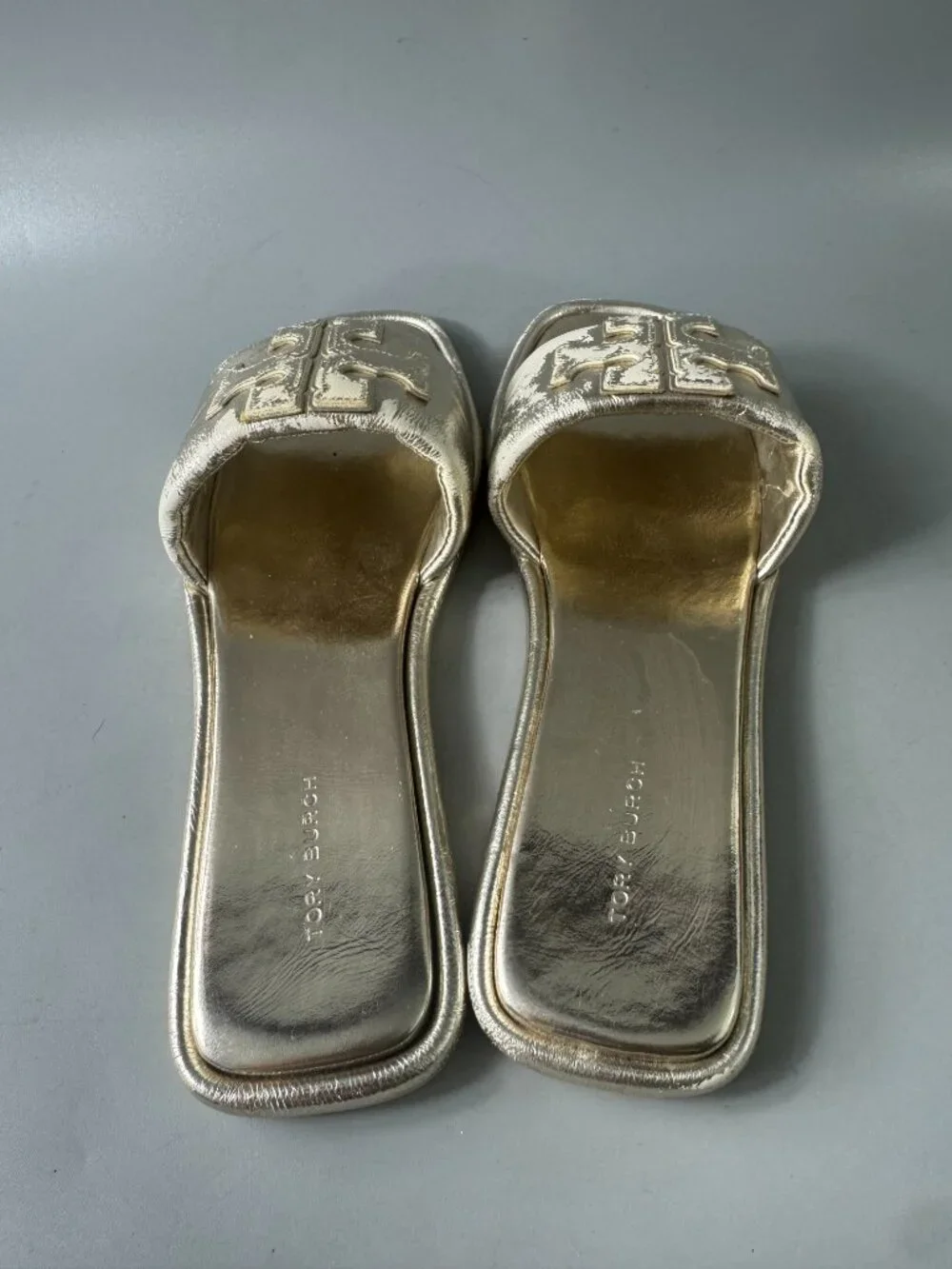 TORY BURCH Double T Sport Metallic Slide Sandals In Spark Gold- Size US 8